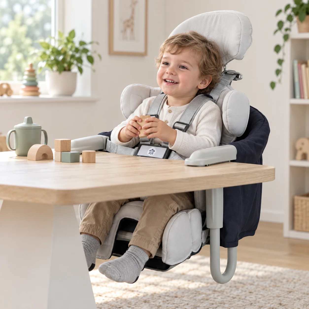 Smiling toddler seated in the Tarta Kid Seating System at a table, playing with wooden blocks