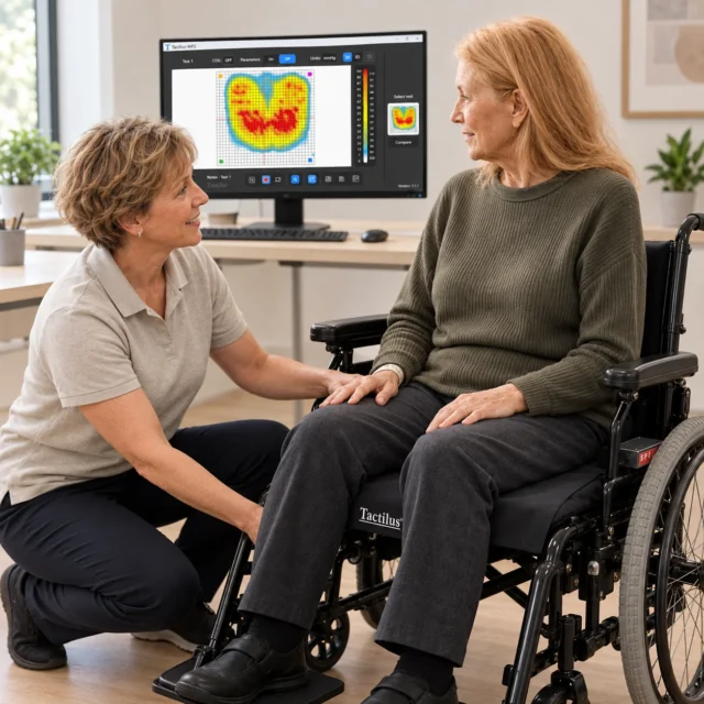 Clinician conducting a wheelchair seating pressure assessment with a patient using the Tactilus system